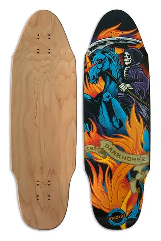 Madrid Performance Series The Dark Horse 31 skateboard deck: Shaped longboard deck showing the Grim Reaper in a purple cloak with a scythe, riding a blue horse with a glowing eye through orange flames, with a banner across the lower part. Bare wood underside shown beside it.