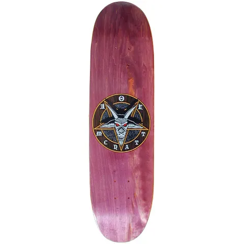 101 Adam McNatt Pentagram skateboard deck: Purple-stained wood deck with a round emblem of a silver horned goat head with red eyes inside an inverted pentagram, ringed with the rider's name in gothic lettering.