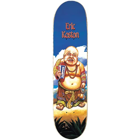 101 Eric Koston Buddha with Slurpee skateboard deck: Painted portrait of a laughing, smiling Buddha figure with beads and robes, holding a Slurpee cup, standing on a sandy mound against a blue sky with clouds. Rider name in red lettering at the top.