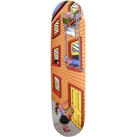 101 Gabriel Rodriguez Guillotine skateboard deck: Cartoon of an orange clapboard house where an old man dangles a bunch of bananas from an upper window above a guillotine blade, while an old woman leans from another window and a girl below holds a bowl of flowers.