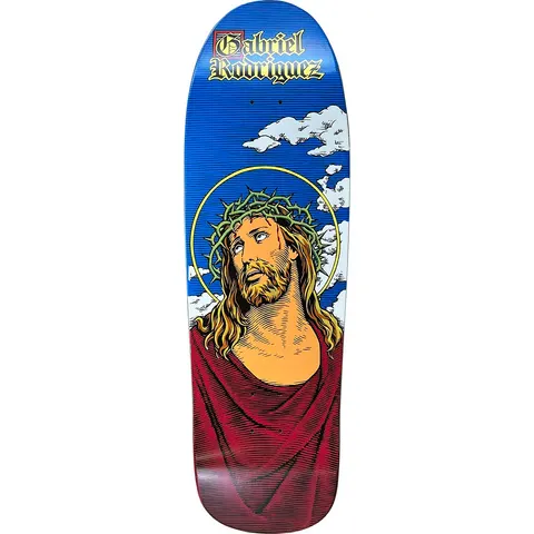 101 Gabriel Rodriguez Jesus reissue skateboard deck: Engraving-style illustration of Jesus in a crown of thorns with a yellow halo, looking upward in a red robe against a blue sky with white clouds. Gabriel Rodriguez is written in gothic lettering at the top of this old-school shape.