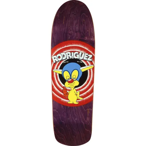 101 Gabriel Rodriguez WB Ripoff Series skateboard deck: Old-school shaped deck with a cartoon yellow creature with a blue hood, red nose and sleepy eyes giving a thumbs up in front of red and white concentric rings, parodying a classic cartoon closing shot. RODRIGUEZ in white block letters above.