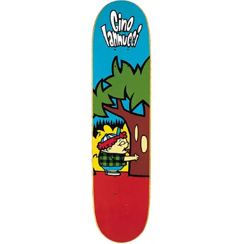 101 Gino Iannucci Treelicker skateboard deck: Cartoon of a cap-wearing boy in a green plaid shirt hugging and licking a large tree, with blue sky above and a red ground. White name lettering across the top.