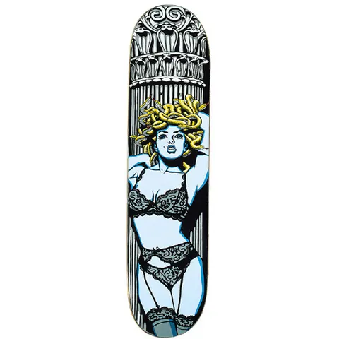 101 Medusa skateboard deck: A pin-up style Medusa in black lace lingerie and stockings with golden snakes for hair, leaning against a fluted classical column topped with snake-filled capitals.