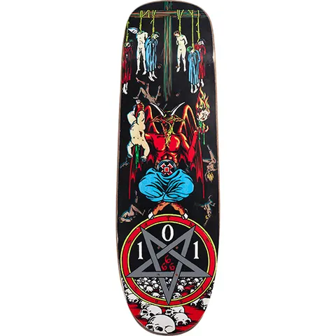 101 Natas Kaupas Devil Worship skateboard deck: Red horned devil sitting cross-legged in blue trousers above an inverted pentagram marked 101 and 666 in a red circle, with hanged figures above and skulls below. Detailed occult illustration on a black shaped deck.