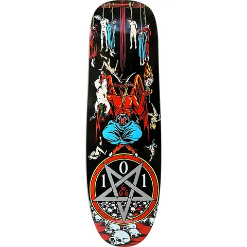 101 Natas Kaupas Devil Worship reissue skateboard deck: Red horned devil sits cross-legged above a pentagram marked 101, surrounded by skulls and hanging and floating nude figures, on a black deck.