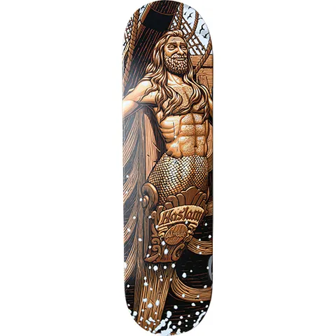 Almost Chris Haslam Figurehead skateboard deck: Engraving-style illustration of a bearded, muscular merman figurehead leaning from a wooden ship's bow, with rigging, sea spray and gulls. Rendered in brown and copper tones, with a Haslam name plate on the scrollwork.