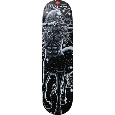 Almost Chris Haslam Zodiac Series skateboard deck: Black and silver illustration of a long-haired, bearded centaur archer drawing a bow among stars, in the manner of a zodiac constellation figure, with a banner of the rider's name at the top.