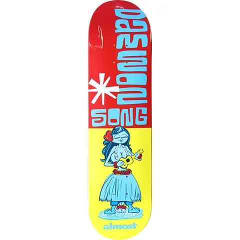 Almost Daewon Song Lawnmower skateboard deck: Deck split red above and yellow below. Rider's name in blocky, tiki-style pale blue lettering runs up the red half, beside a white asterisk. Below, a blue hula girl in a grass skirt plays a ukulele.