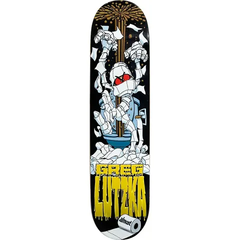 Almost Greg Lutzka TP Mummy skateboard deck: A toilet-paper mummy with red eyes rises from a blue toilet in a shower of paper sheets, with a gold plunger-like pole behind it. Dripping yellow rider name at the base with a loo roll beside the brand logo, on black.