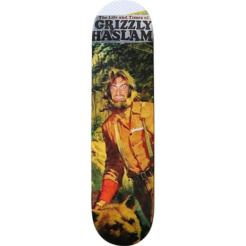 Almost Grizzly Haslam skateboard deck: Pulp-novel style painting of a wild-eyed, bearded frontiersman in an orange jacket and braces reaching toward a bear in the forest. Title banner across the top, small Almost logo on the chest.