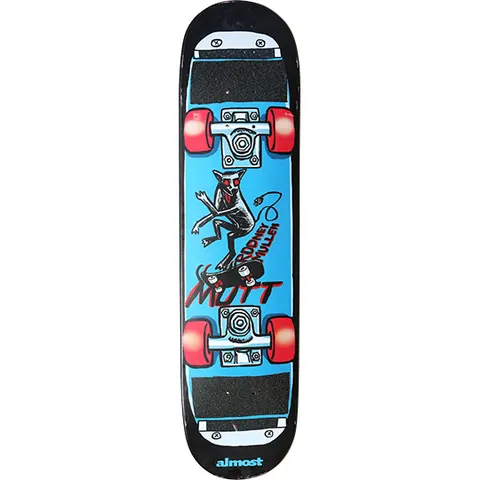 Almost Rodney Mullen skateboard deck: Blue deck drawn as the underside of a skateboard with grip tape, red wheels and trucks, with a thin grey dog on a skateboard in the middle, red eyes and a plug tail, with the rider's name and the word Mutt in red.