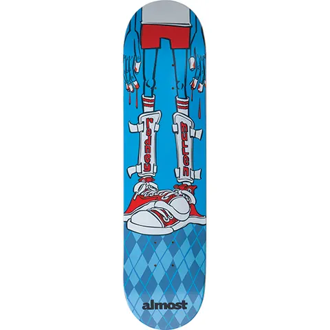 Almost Rodney Mullen Shin Guards skateboard deck: Cartoon on a blue deck of a figure's lower half: skinny legs in white shin guards labelled with the rider's name, red high-top trainers, red shorts, and bloodied fingertips with nails dropping, above an argyle pattern.
