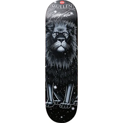 Almost Rodney Mullen Zodiac Series skateboard deck: Monochrome grey and black illustration of a seated lion facing forward against a starry night sky, with a banner reading Mullen and a signature across the top of the deck.