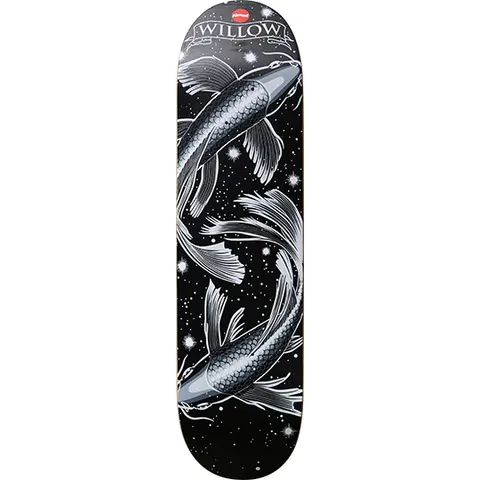 Almost Willow Zodiac Series skateboard deck: Two monochrome koi carp swirling around each other in a Pisces pose on a black starry background, drawn in silver-grey with detailed scales and flowing fins. Name banner at the top.