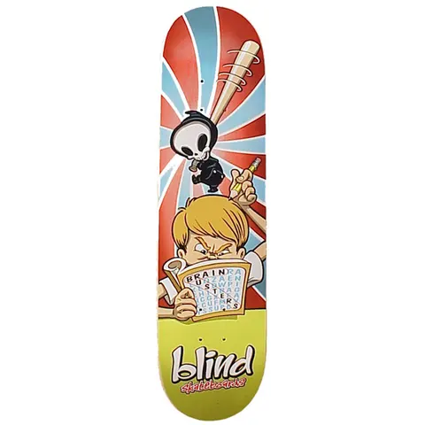 Blind Brainbusters skateboard deck: Cartoon of a boy scowling over a word-search puzzle while a small reaper figure swings a spiked bat at his head, against red and blue sunburst rays. Blind logo at the bottom on a green panel.