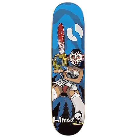 Blind Chainsaw Kitten skateboard deck: Cartoon woman in a white dress, stockings and bloodied hockey mask holding a blood-stained yellow chainsaw, in a moonlit blue forest. Blind logo and small reaper at the tail.