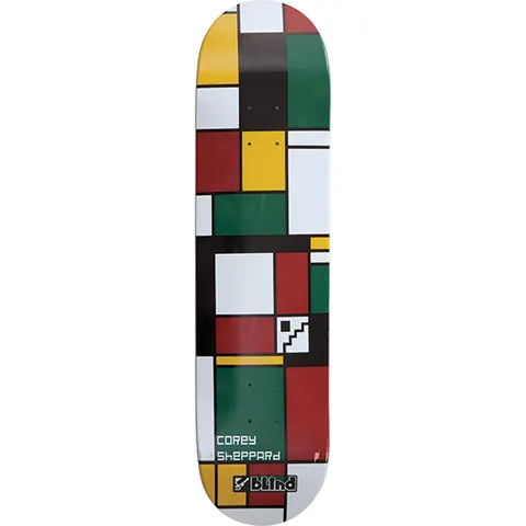 Blind Corey Sheppard Artsy skateboard deck: Mondrian-style grid of rectangles in red, green, yellow, white and black covering the whole deck, with a small pixelated stairs icon and the rider name and Blind logo at the tail.