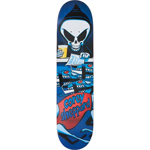 Blind Corey Sheppard Gambling Series skateboard deck: Blue-toned cartoon of the Blind reaper skeleton at a betting window holding a beer and a racing form, with three snarling shark-faced dogs in harnesses below. Red banner with the rider name.