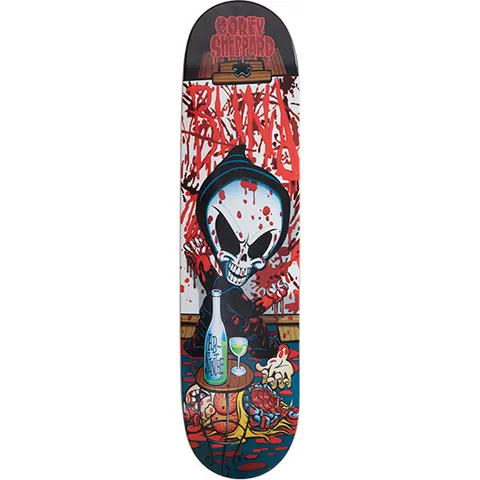 Blind Corey Sheppard Reaper Artist skateboard deck: A cartoon grim reaper with an angry skull face sits at a small table with an absinthe bottle and glass, in a room splattered with blood, with a gory mess at his feet. Blind is painted in red behind him.