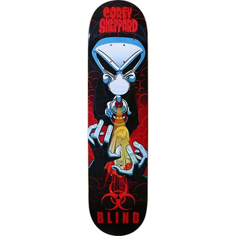 Blind Corey Sheppard Reaper SARS skateboard deck: A cartoon hooded Reaper wearing a face mask sprays a can labelled SARS, with pale blue hands reaching round it, against red smoke clouds on black. A red biohazard symbol sits above the Blind logo, with the rider's name dripping at the top.