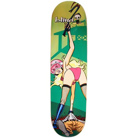 Blind Crowbar Kitten skateboard deck: A cartoon blonde woman in a pink helmet and bikini, fishnets and blue boots, raising a crowbar above a bloodied figure beneath her feet. A green watchtower backdrop and the Blind logo with its reaper are at the top.
