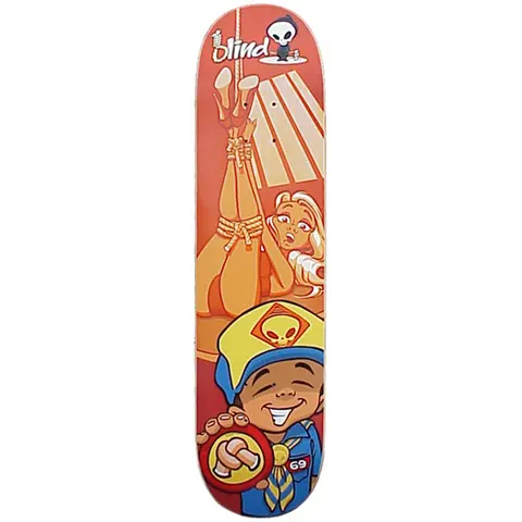 Blind Cubscout Kitten skateboard deck: A cartoon cub scout with a yellow cap bearing an alien badge holds up a badge, above a blonde woman tied by her ankles with rope, on an orange deck. Blind logo with reaper at the top.