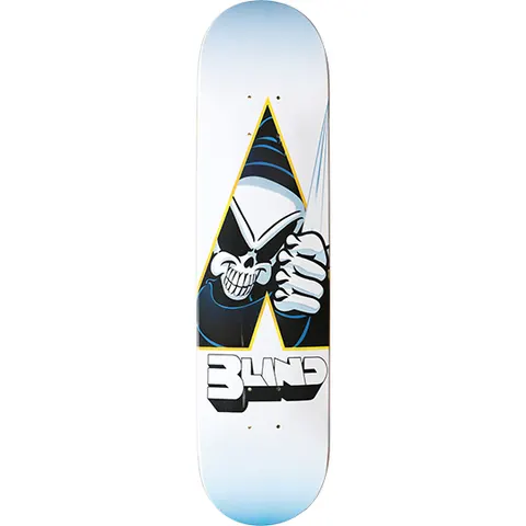 Blind Dagger skateboard deck: A cartoon grim reaper's grinning skull and clenched fist inside a black and yellow triangle, with the Blind logo in chunky 3D white letters below, on a white deck fading to pale blue.