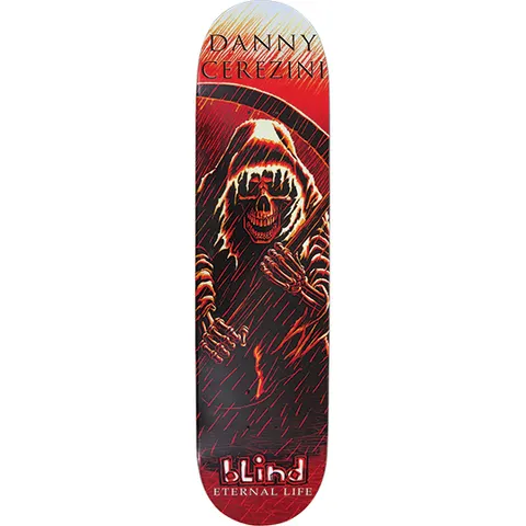 Blind Danny Cerezini Raining Blood skateboard deck: Red and black illustration of a hooded Grim Reaper skull holding a scythe, in a downpour of slanting rain, with skeletal hands in front. Rider name in black at the top and Blind logo with Eternal Life tag at the tail.