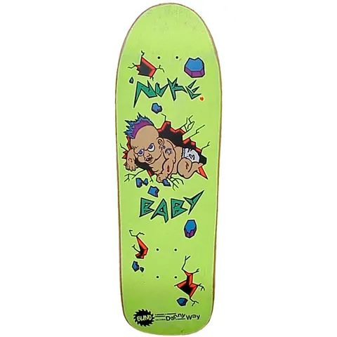 Blind Danny Way Nuke Baby skateboard deck: Lime green old-school shape with a cartoon mohawked baby with tattoos bursting through a cracked wall in a nappy, with rubble flying. 'Nuke Baby' in angular green lettering and a Blind logo with Danny Way's name at the tail.