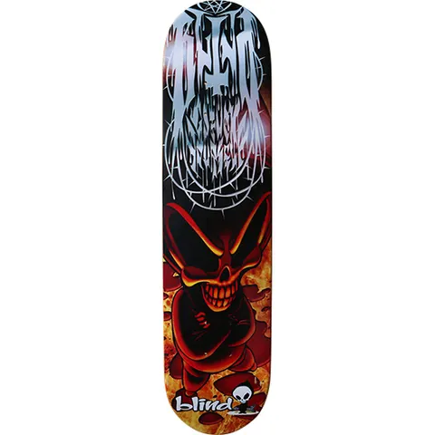 Blind Death Metal skateboard deck: A grinning red skull-faced devil, arms folded, stands in flames at the foot of the deck. Above it, a spiky death-metal style logo in silver-white is wrapped in a pentagram circle, and the Blind logo sits at the tail.