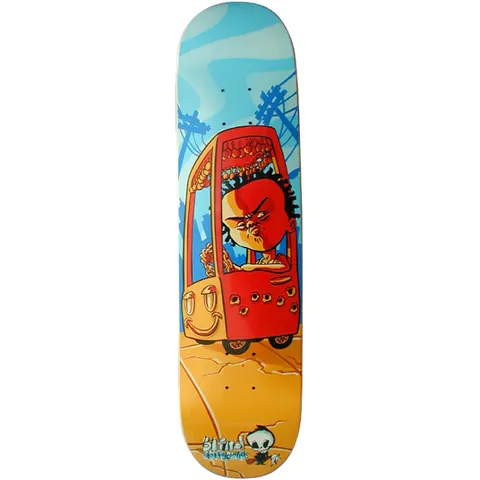 Blind Drive by skateboard deck: A cartoon scowling character with dreadlocks drives a small red bullet-riddled vehicle with a smiling front across a cracked yellow road, against power lines and a blue sky. A small Blind reaper character sits at the bottom.