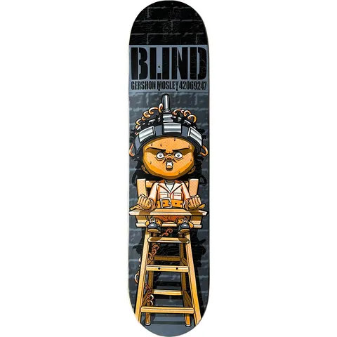 Blind Gershon Mosley High Chair skateboard deck: Cartoon child with curly hair strapped into a high chair on tall ladder legs, wearing a restraint helmet with spikes and grimacing, in front of a dark grey brick wall. Blind logo in stencil lettering and rider name with number at top.
