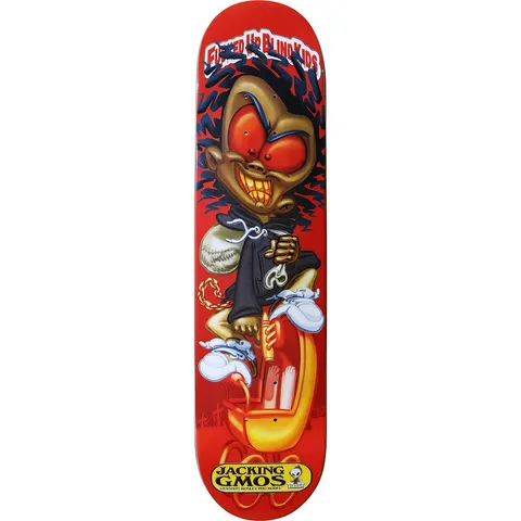 Blind Gershon Mosley Jacking GMOS skateboard deck: A grinning cartoon kid with big red eyes and dreadlocks, in a dark hoodie and white trainers, carries a sack and tips a yellow pram over. The art is in the style of a trading-card parody on a red ground.