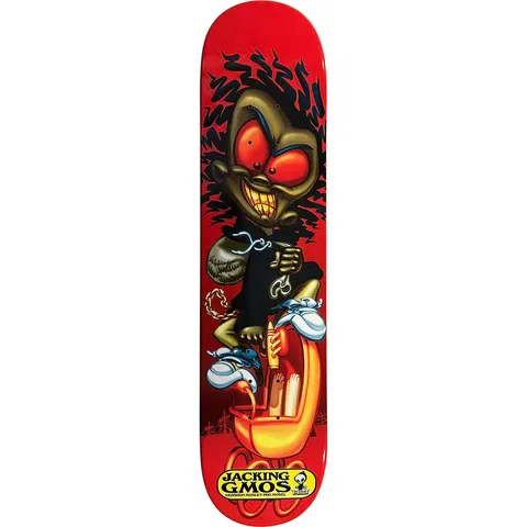Blind Gershon Mosley Jacking GMOS (pg version) skateboard deck: Red deck with an airbrushed cartoon figure with a grinning dark face and red eyes, wild black hair and a sack over his shoulder, riding a yellow baby stroller. Yellow Jacking Gmos label at the tail.