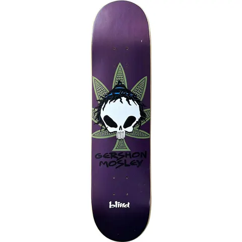 Blind Gershon Mosley Reaper Rasta Skull skateboard deck: Blind reaper skull with black dreadlocks and a blue band, set in front of a green cannabis leaf on a purple deck, with the rider's name beneath.