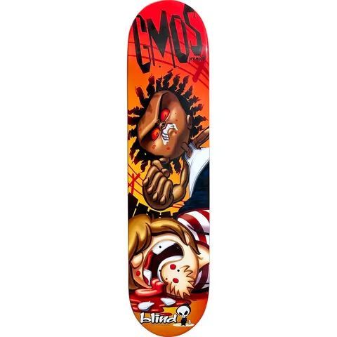 Blind Gershon Mosley Toothache skateboard deck: A cartoon figure with dreadlocks and red eyes stands over a screaming, bleeding blond boy lying on the ground, set against an orange and red gradient. The rider's initials are in dripping black lettering at the top.