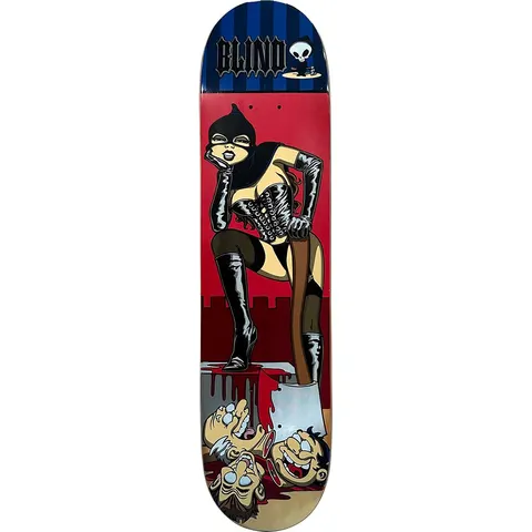 Blind Gideon Choi Executioner skateboard deck: A masked, leather-clad female executioner in a corset, gloves and thigh boots leans on an axe buried in a block, her boot in a pool of blood over three severed cartoon heads. Red background with castle battlements, blue striped nose.