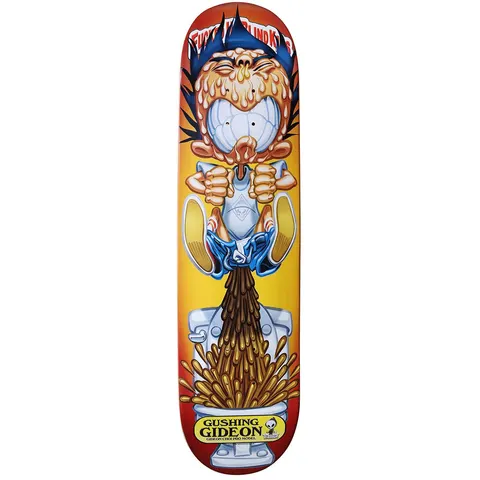 Blind Gideon Choi Gushing Gideon skateboard deck: Garbage Pail Kids-style painting of a boy in blue shorts vomiting brown sick into a toilet, head covered in slime. Yellow and red background, with a yellow name label and Blind logo at the tail.