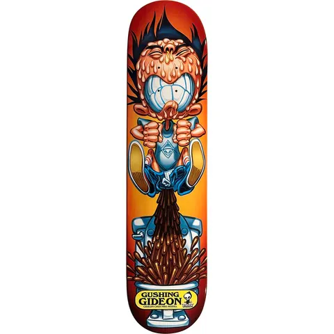 Blind Gideon Choi Gushing Gideon (pg version) skateboard deck: Orange gradient deck with a cartoon figure with a gritted-teeth grin and slimy orange head, trousers around his ankles, sitting on a toilet with brown liquid gushing out. Yellow Gushing Gideon label at the tail.