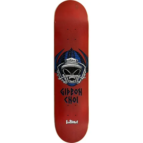 Blind Gideon Choi Jock Skull Reaper skateboard deck: Blind reaper skull wearing a blue American football helmet with face mask and horns, above the rider's name in runic style lettering, on a distressed red deck.