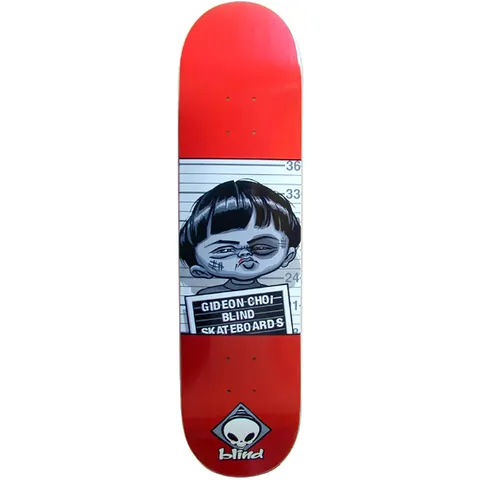 Blind Gidoen Choi Mug Shot skateboard deck: Cartoon police mugshot of a bruised, scowling bowl-haired boy against a height chart, holding a placard. Red deck above and below, with the Blind reaper diamond logo at the bottom.