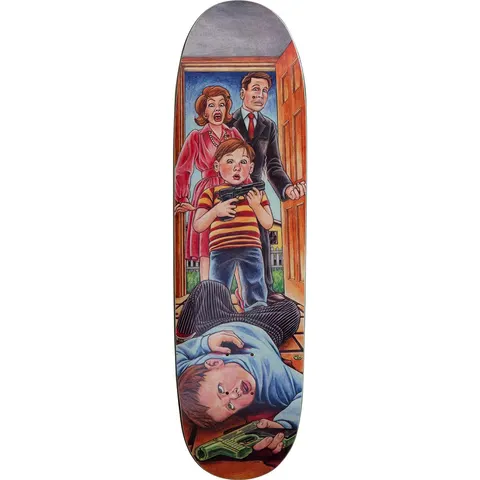 Blind Guy Mariano Accidental Gun Death skateboard deck: Colour-pencil illustration of a suburban family at their front door: a screaming mother and father behind a wide-eyed boy in a striped shirt holding a pistol, with another boy lying on the floor in front.
