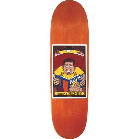 Blind Henry Sanchez Fucked Up Blind Kids skateboard deck: A framed trading-card style illustration on an orange-stained deck: a grinning cartoon boy in a yellow T-shirt reads an adult magazine beneath a hanging lamp, with a banner title above and a yellow caption plate below.