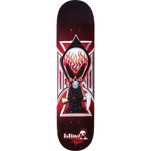 Blind Iron Cross skateboard deck: Dark red deck with a chrome Iron Cross behind a cartoon hooded reaper with a skull face and flaming hood interior, holding a scythe. Blind skull logo with red splatter at the tail.