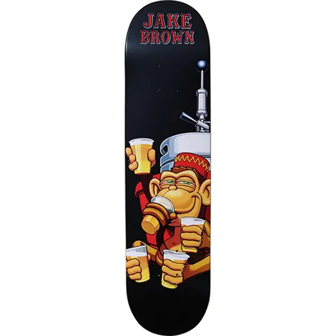 Blind Jake Brown Drunken Monkey skateboard deck: Cartoon monkey in a red bellhop-style hat and jacket, lounging against a beer keg with a tap and drinking from plastic cups of beer. 'JAKE BROWN' in red lettering at the top of a black deck.