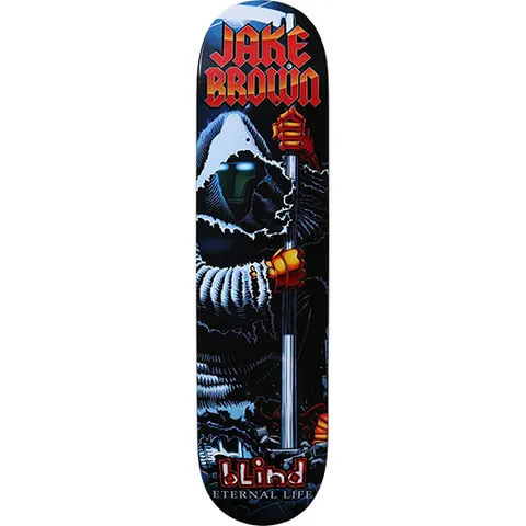 Blind Jake Brown Iron Age skateboard deck: Hooded robot-like figure with glowing blue eyes gripping a metal staff with orange gauntlets, in a dark blue cracked setting. Red name lettering above and the Blind logo below.