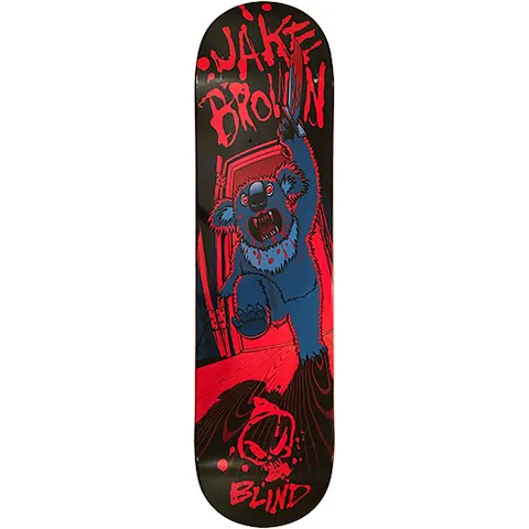 Blind Jake Brown Killer Koala skateboard deck: Blue koala with bloodied fangs bursts through a red doorway brandishing a knife, in a horror-film style. Dripping red JAKE BROWN lettering runs across the top and a Blind reaper skull logo sits at the tail, all on black.