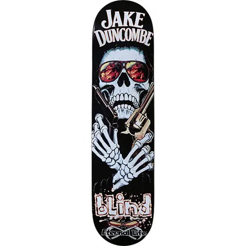 Blind Jake Duncombe Avenger skateboard deck: Skeleton wearing red-lensed sunglasses and a dark hood, crossing bony arms and holding two revolvers. White name lettering above and the Blind logo with Eternal Life below.