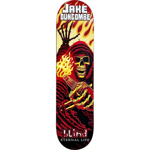 Blind Jake Duncombe Molotov skateboard deck: Hooded grim reaper skull in red and yellow holding a flaming molotov bottle in one hand, with a skeletal hand raised behind and flames in the background. Rider name at the top and Blind logo at the bottom.